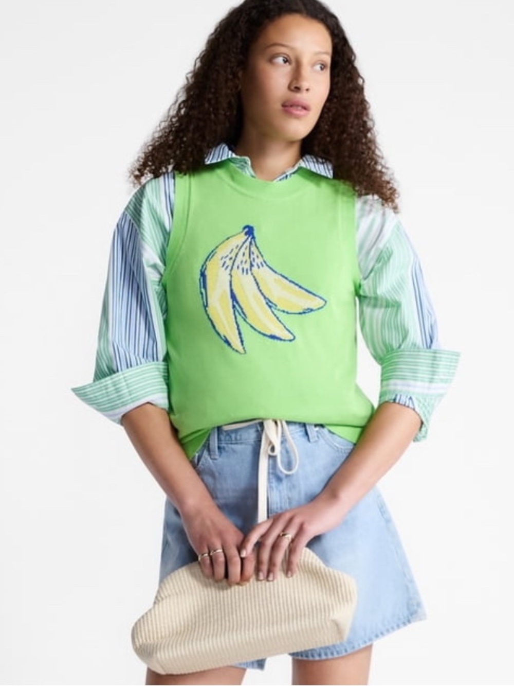 Free Assembly Green Bananas Sleeveless Graphic Sweater Top Coastal Beach Tropic